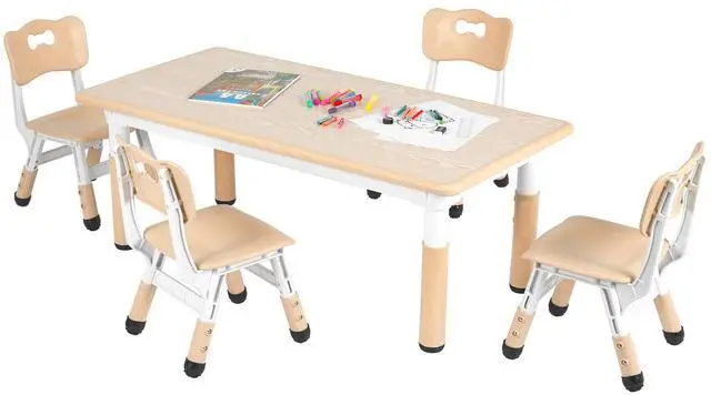 Main image of Kids Table and 4 Chairs, Height Adjustable Toddler Desk & Chair Set, Anti-Slip Legs, Graffiti Desktop, Children Large Multi-Activity Table with 47.2" x 23.6", Classroom, Homes, Daycares (Beige)