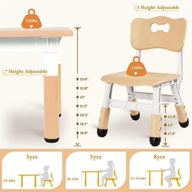 Alt view image 3 of 6 - Kids Table and 4 Chairs, Height Adjustable Toddler Desk & Chair Set, Anti-Slip Legs, Graffiti Desktop, Children Large Multi-Activity Table with 47.2" x 23.6", Classroom, Homes, Daycares (Beige)