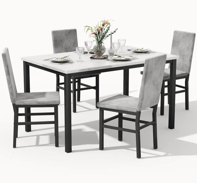 Main image of Dining Table Set for 4, 5-Piece Faux Marble Dining Set,4 Upholstered PU Chairs, Modern Kitchen Table Furniture for Dining Room,Compact Space-Saving Faux Marble Tabletop (White + Grey)