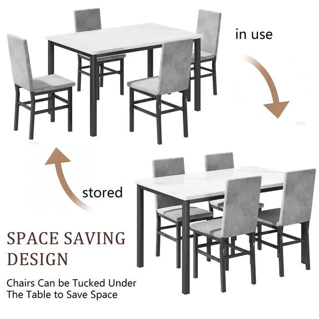 Alt view image 3 of 6 - Dining Table Set for 4, 5-Piece Faux Marble Dining Set,4 Upholstered PU Chairs, Modern Kitchen Table Furniture for Dining Room,Compact Space-Saving Faux Marble Tabletop (White + Grey)