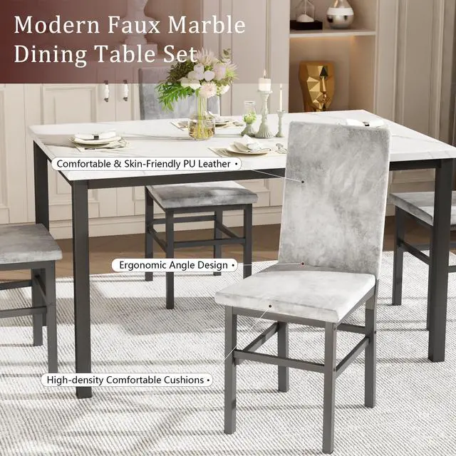 Alt view image 4 of 6 - Dining Table Set for 4, 5-Piece Faux Marble Dining Set,4 Upholstered PU Chairs, Modern Kitchen Table Furniture for Dining Room,Compact Space-Saving Faux Marble Tabletop (White + Grey)