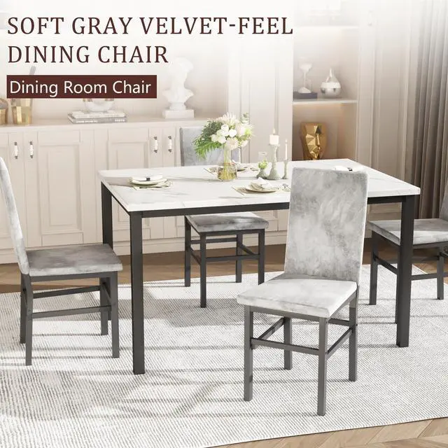 Alt view image 5 of 6 - Dining Table Set for 4, 5-Piece Faux Marble Dining Set,4 Upholstered PU Chairs, Modern Kitchen Table Furniture for Dining Room,Compact Space-Saving Faux Marble Tabletop (White + Grey)