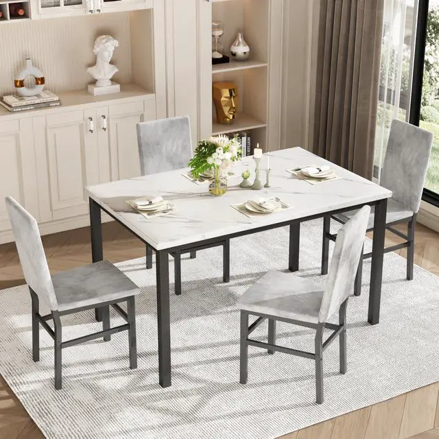 Alt view image 6 of 6 - Dining Table Set for 4, 5-Piece Faux Marble Dining Set,4 Upholstered PU Chairs, Modern Kitchen Table Furniture for Dining Room,Compact Space-Saving Faux Marble Tabletop (White + Grey)