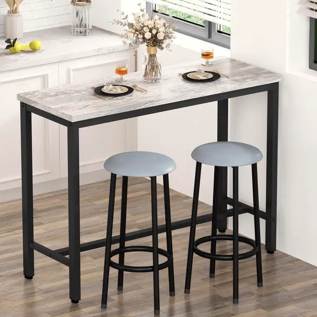 Main image of 39.3" Bar Table Set of 2,Faux Marble Pub Height Table and Chairs Set of 2 with Upholstered Stools,3 Piece Bar Table and Chairs Set Dining Table Set for Living Room,Kitchen,Bar,Grey