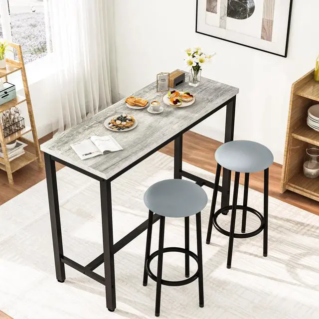 Alt view image 2 of 6 - 39.3" Bar Table Set of 2,Faux Marble Pub Height Table and Chairs Set of 2 with Upholstered Stools,3 Piece Bar Table and Chairs Set Dining Table Set for Living Room,Kitchen,Bar,Grey