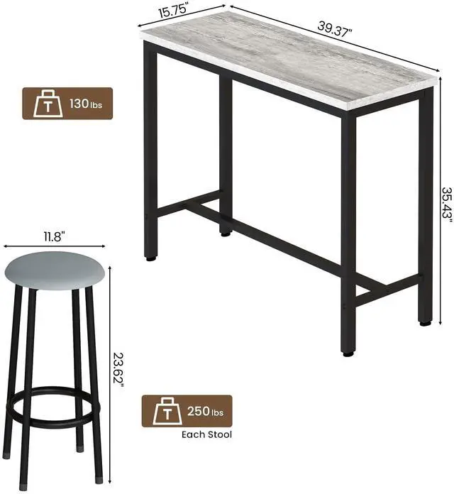 Alt view image 3 of 6 - 39.3" Bar Table Set of 2,Faux Marble Pub Height Table and Chairs Set of 2 with Upholstered Stools,3 Piece Bar Table and Chairs Set Dining Table Set for Living Room,Kitchen,Bar,Grey