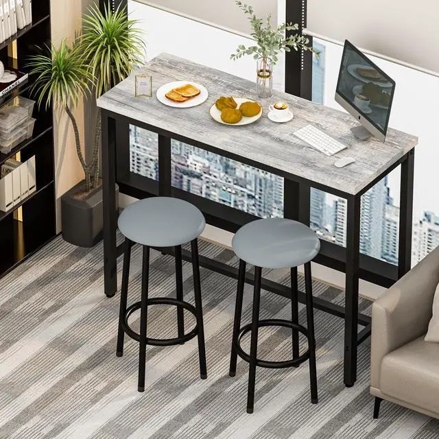 Alt view image 4 of 6 - 39.3" Bar Table Set of 2,Faux Marble Pub Height Table and Chairs Set of 2 with Upholstered Stools,3 Piece Bar Table and Chairs Set Dining Table Set for Living Room,Kitchen,Bar,Grey