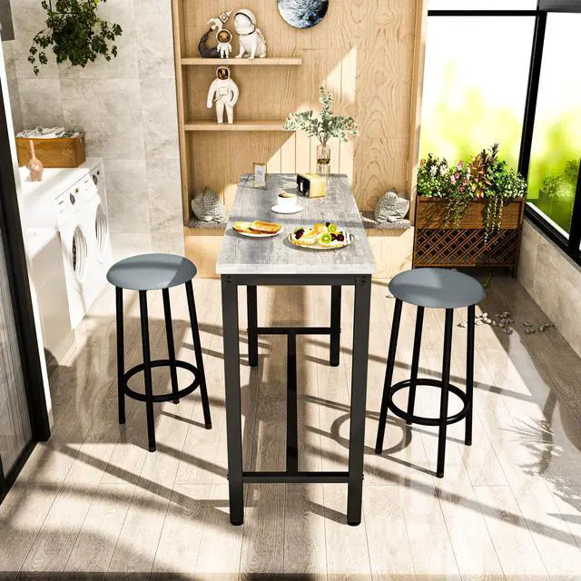 Alt view image 5 of 6 - 39.3" Bar Table Set of 2,Faux Marble Pub Height Table and Chairs Set of 2 with Upholstered Stools,3 Piece Bar Table and Chairs Set Dining Table Set for Living Room,Kitchen,Bar,Grey