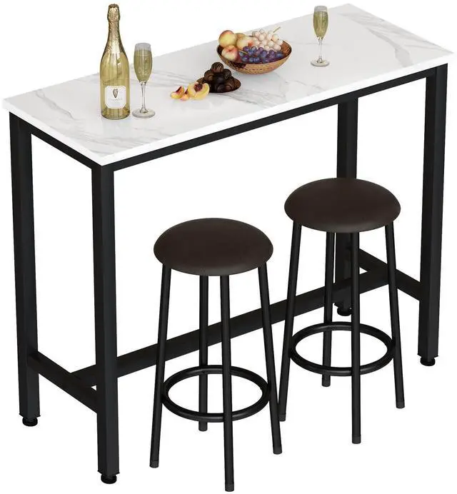 Main image of 47.2" Bar Table Set of 2,Faux Marble Pub Height Table and Chairs Set of 2 with Upholstered Stools,3 Piece Bar Table and Chairs Set Dining Table Set for Living Room,Kitchen,Bar,White & Brown