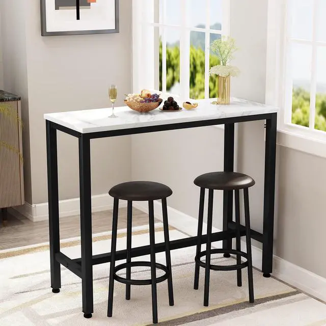 Alt view image 2 of 6 - 47.2" Bar Table Set of 2,Faux Marble Pub Height Table and Chairs Set of 2 with Upholstered Stools,3 Piece Bar Table and Chairs Set Dining Table Set for Living Room,Kitchen,Bar,White & Brown