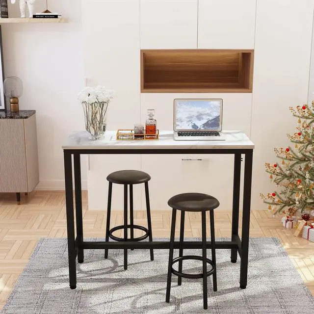 Alt view image 3 of 6 - 47.2" Bar Table Set of 2,Faux Marble Pub Height Table and Chairs Set of 2 with Upholstered Stools,3 Piece Bar Table and Chairs Set Dining Table Set for Living Room,Kitchen,Bar,White & Brown