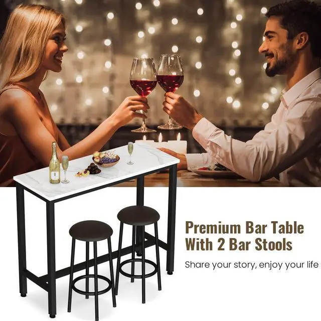 Alt view image 4 of 6 - 47.2" Bar Table Set of 2,Faux Marble Pub Height Table and Chairs Set of 2 with Upholstered Stools,3 Piece Bar Table and Chairs Set Dining Table Set for Living Room,Kitchen,Bar,White & Brown