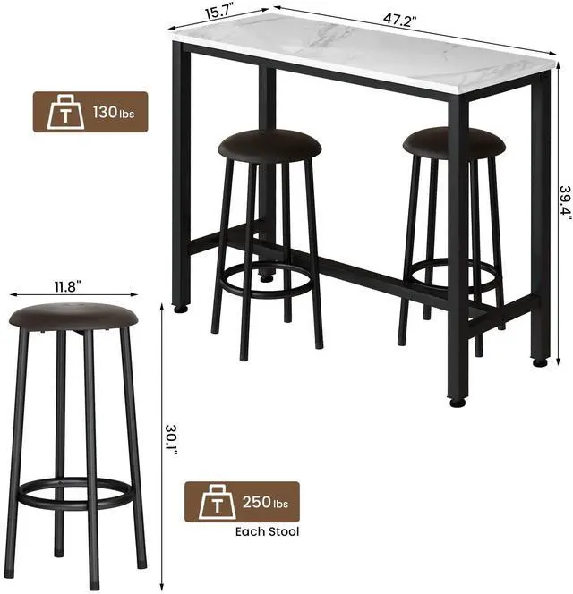 Alt view image 5 of 6 - 47.2" Bar Table Set of 2,Faux Marble Pub Height Table and Chairs Set of 2 with Upholstered Stools,3 Piece Bar Table and Chairs Set Dining Table Set for Living Room,Kitchen,Bar,White & Brown