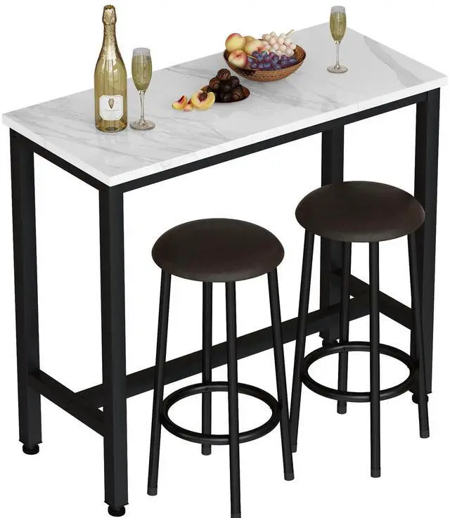 Main image of 39.3" Bar Table Set of 2,Faux Marble Pub Height Table and Chairs Set of 2 with Upholstered Stools,3 Piece Bar Table and Chairs Set Dining Table Set for Living Room,Kitchen,Bar,White & Brown
