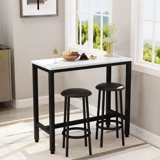 Alt view image 2 of 6 - 39.3" Bar Table Set of 2,Faux Marble Pub Height Table and Chairs Set of 2 with Upholstered Stools,3 Piece Bar Table and Chairs Set Dining Table Set for Living Room,Kitchen,Bar,White & Brown
