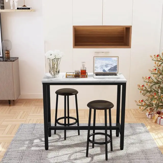Alt view image 3 of 6 - 39.3" Bar Table Set of 2,Faux Marble Pub Height Table and Chairs Set of 2 with Upholstered Stools,3 Piece Bar Table and Chairs Set Dining Table Set for Living Room,Kitchen,Bar,White & Brown