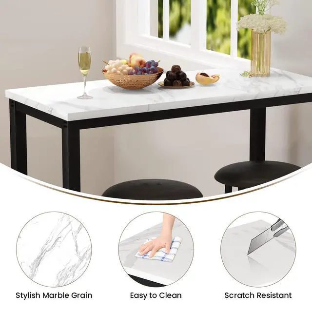 Alt view image 4 of 6 - 39.3" Bar Table Set of 2,Faux Marble Pub Height Table and Chairs Set of 2 with Upholstered Stools,3 Piece Bar Table and Chairs Set Dining Table Set for Living Room,Kitchen,Bar,White & Brown