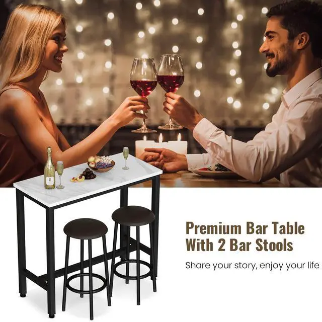 Alt view image 6 of 6 - 39.3" Bar Table Set of 2,Faux Marble Pub Height Table and Chairs Set of 2 with Upholstered Stools,3 Piece Bar Table and Chairs Set Dining Table Set for Living Room,Kitchen,Bar,White & Brown