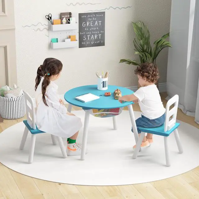 Alt view image 2 of 6 - Kids Table and Chair Set, Wood Activity Table w/Center Mesh Storage, Children Furniture Gift for Boys & Girls, Ideal for Arts, Crafts, Snack Time, Homework, Toddler Table and Chair Set, Blue