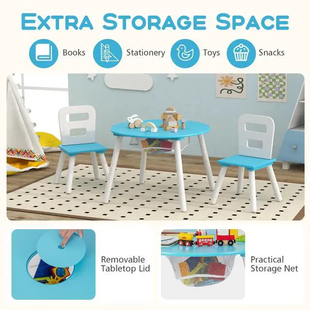 Alt view image 3 of 6 - Kids Table and Chair Set, Wood Activity Table w/Center Mesh Storage, Children Furniture Gift for Boys & Girls, Ideal for Arts, Crafts, Snack Time, Homework, Toddler Table and Chair Set, Blue