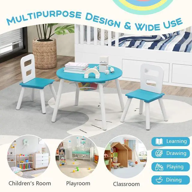 Alt view image 6 of 6 - Kids Table and Chair Set, Wood Activity Table w/Center Mesh Storage, Children Furniture Gift for Boys & Girls, Ideal for Arts, Crafts, Snack Time, Homework, Toddler Table and Chair Set, Blue