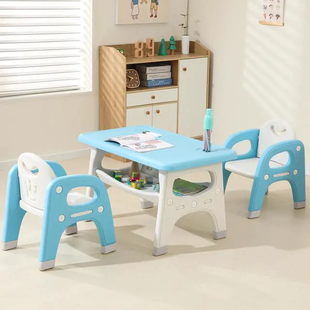 Main image of Kids Table and 2 Chairs Set, Toddlers Table and Chairs Set with Large Built-in Storage Shelf, Kids Activity Table for Reading, Drawing, Eating, Playing, with Anti-Slip Foot Covers, Blue