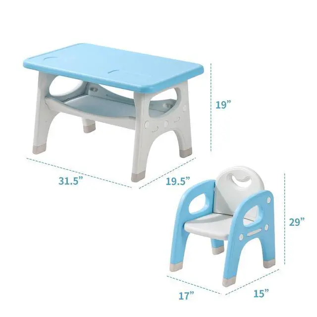 Alt view image 2 of 6 - Kids Table and 2 Chairs Set, Toddlers Table and Chairs Set with Large Built-in Storage Shelf, Kids Activity Table for Reading, Drawing, Eating, Playing, with Anti-Slip Foot Covers, Blue