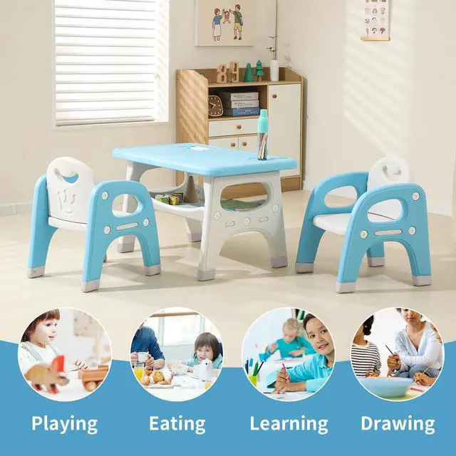 Alt view image 3 of 6 - Kids Table and 2 Chairs Set, Toddlers Table and Chairs Set with Large Built-in Storage Shelf, Kids Activity Table for Reading, Drawing, Eating, Playing, with Anti-Slip Foot Covers, Blue