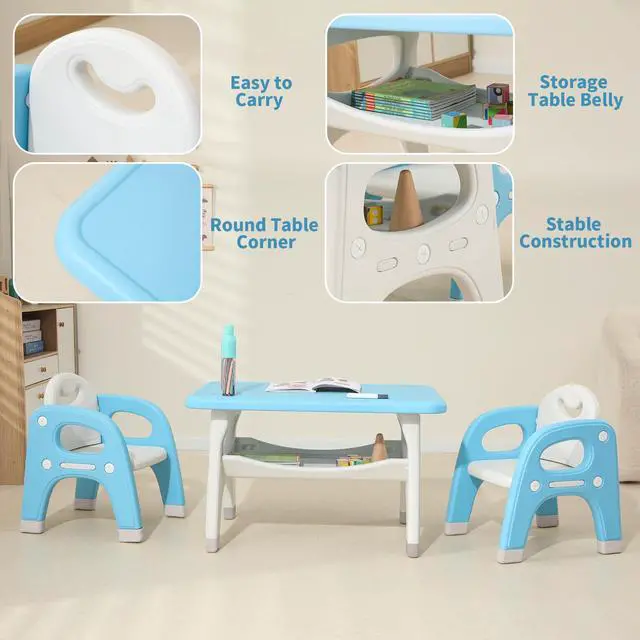 Alt view image 4 of 6 - Kids Table and 2 Chairs Set, Toddlers Table and Chairs Set with Large Built-in Storage Shelf, Kids Activity Table for Reading, Drawing, Eating, Playing, with Anti-Slip Foot Covers, Blue