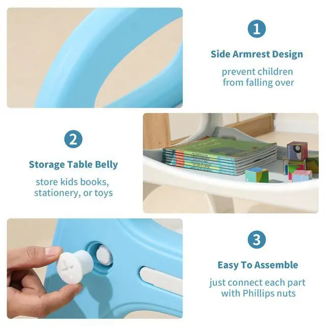 Alt view image 5 of 6 - Kids Table and 2 Chairs Set, Toddlers Table and Chairs Set with Large Built-in Storage Shelf, Kids Activity Table for Reading, Drawing, Eating, Playing, with Anti-Slip Foot Covers, Blue