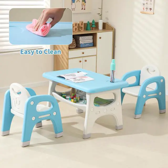 Alt view image 6 of 6 - Kids Table and 2 Chairs Set, Toddlers Table and Chairs Set with Large Built-in Storage Shelf, Kids Activity Table for Reading, Drawing, Eating, Playing, with Anti-Slip Foot Covers, Blue