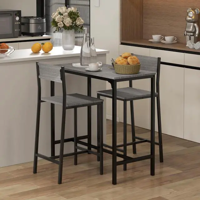 Alt view image 2 of 6 - 3 Piece Bar Table and Chairs for 2, Counter Height, Industrial, Gray | Dining Table Set, Kitchen Table with Bar stools, Breakfast Table Set for Small Space