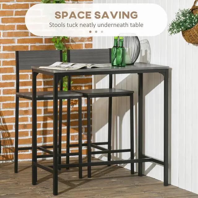 Alt view image 3 of 6 - 3 Piece Bar Table and Chairs for 2, Counter Height, Industrial, Gray | Dining Table Set, Kitchen Table with Bar stools, Breakfast Table Set for Small Space