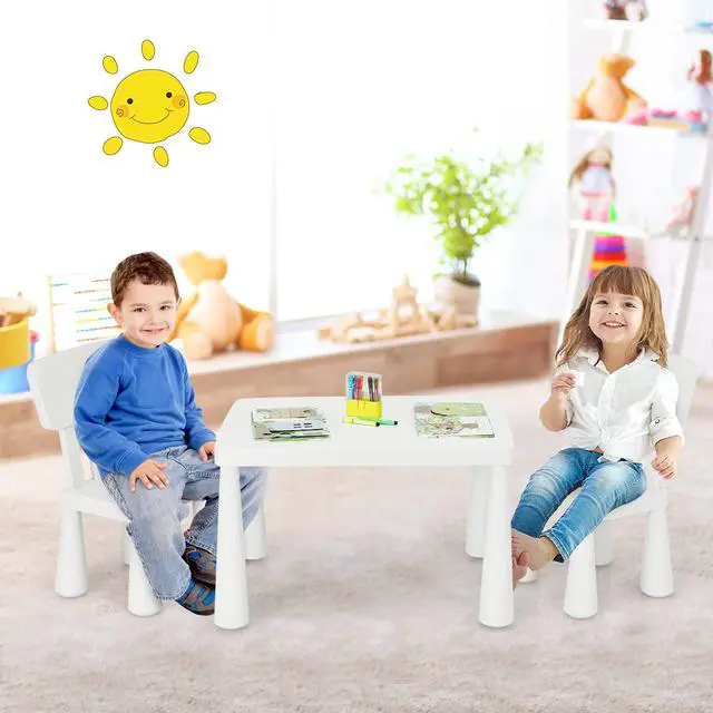 Main image of Kids Table and Chairs, 3-Piece Children Activity Table for Drawing, Reading, Art Craft, Snack Time, Lightweight Plastic Toddler Table and Chair Set for Playroom, Daycare, Kindergarten (White)