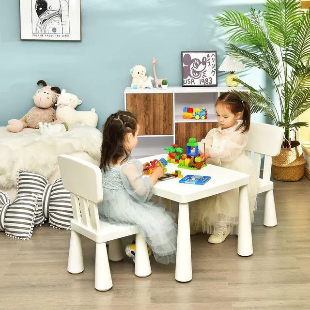 Alt view image 2 of 6 - Kids Table and Chairs, 3-Piece Children Activity Table for Drawing, Reading, Art Craft, Snack Time, Lightweight Plastic Toddler Table and Chair Set for Playroom, Daycare, Kindergarten (White)