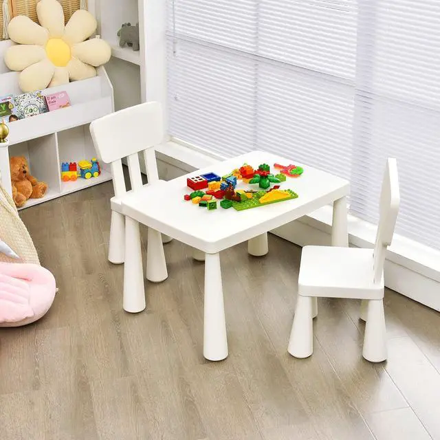 Alt view image 3 of 6 - Kids Table and Chairs, 3-Piece Children Activity Table for Drawing, Reading, Art Craft, Snack Time, Lightweight Plastic Toddler Table and Chair Set for Playroom, Daycare, Kindergarten (White)