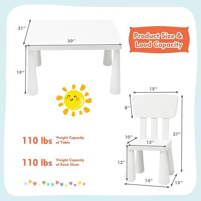 Alt view image 4 of 6 - Kids Table and Chairs, 3-Piece Children Activity Table for Drawing, Reading, Art Craft, Snack Time, Lightweight Plastic Toddler Table and Chair Set for Playroom, Daycare, Kindergarten (White)
