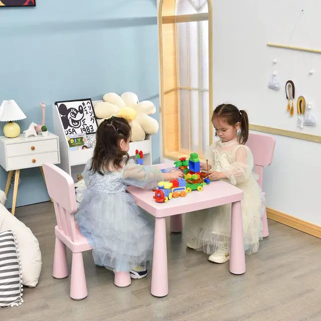Alt view image 2 of 6 - Kids Table and Chairs, 3-Piece Children Activity Table for Drawing, Reading, Art Craft and Snack Time, Lightweight Plastic Toddler Table and Chair Set for Playroom, Daycare, Kindergarten (Pink)