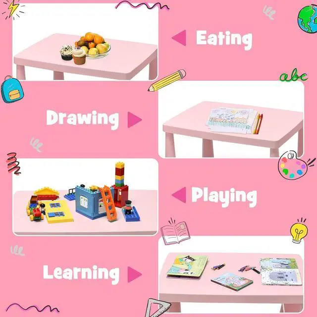 Alt view image 5 of 6 - Kids Table and Chairs, 3-Piece Children Activity Table for Drawing, Reading, Art Craft and Snack Time, Lightweight Plastic Toddler Table and Chair Set for Playroom, Daycare, Kindergarten (Pink)