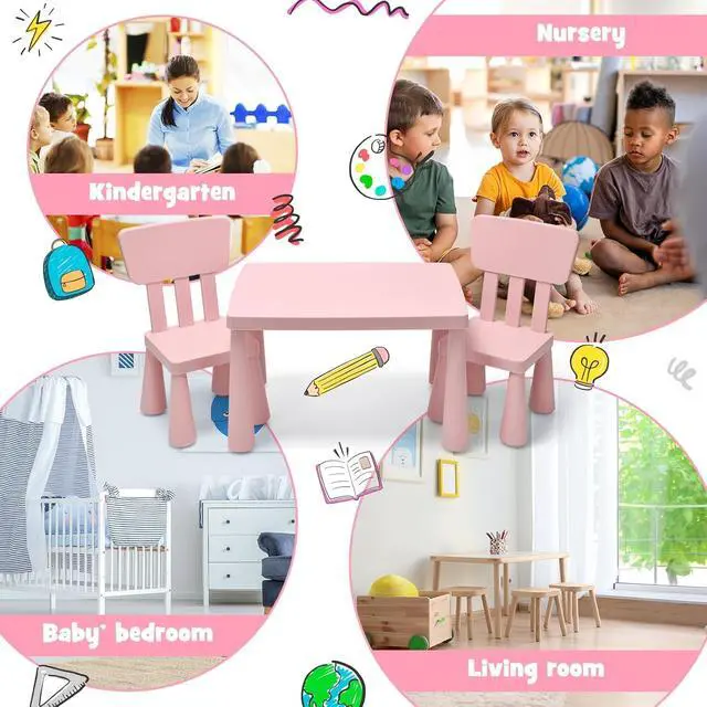 Alt view image 6 of 6 - Kids Table and Chairs, 3-Piece Children Activity Table for Drawing, Reading, Art Craft and Snack Time, Lightweight Plastic Toddler Table and Chair Set for Playroom, Daycare, Kindergarten (Pink)