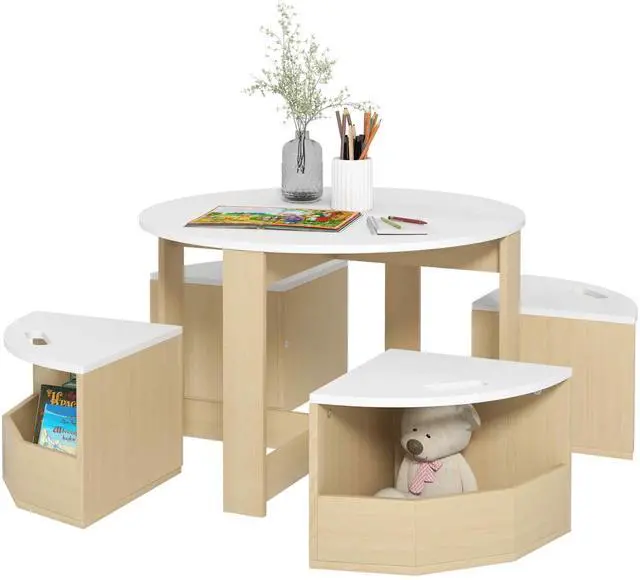 Main image of Toddler Table and Chairs Set, 5 Pieces Round Kids Activity Table with Storage for Play, Art, Craft, Drawing, Playroom, Classroom, Nursery, White