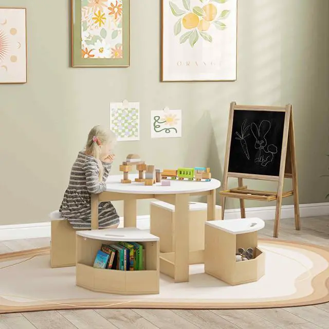 Alt view image 2 of 6 - Toddler Table and Chairs Set, 5 Pieces Round Kids Activity Table with Storage for Play, Art, Craft, Drawing, Playroom, Classroom, Nursery, White