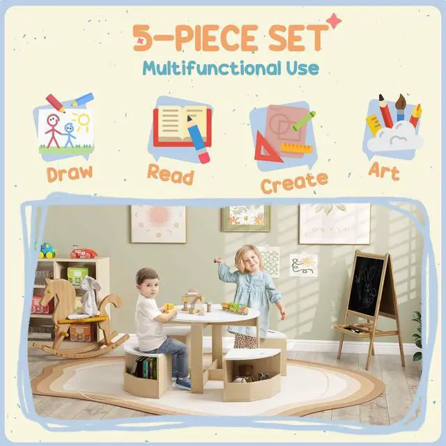 Alt view image 3 of 6 - Toddler Table and Chairs Set, 5 Pieces Round Kids Activity Table with Storage for Play, Art, Craft, Drawing, Playroom, Classroom, Nursery, White