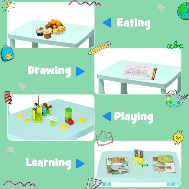 Alt view image 5 of 6 - Kids Table and Chairs, 3-Piece Children Activity Table for Drawing, Reading, Art Craft, Snack Time, Lightweight Plastic Toddler Table and Chair Set for Playroom, Daycare, Kindergarten (Green)