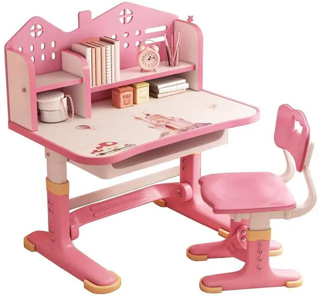 Main image of Small Desk, Desk Chair Set, Widened Desktop Multi Separation Cartoon Pattern Kids Adjustable Height Study Table with Drawer Chair