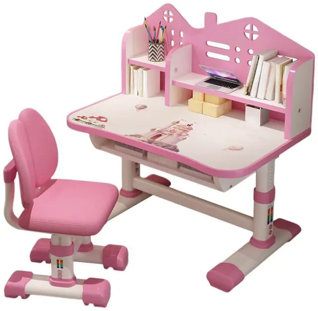 Main image of Small Desk, Desk Chair Set, Widened Desktop Multi Separation Cartoon Pattern Kids Adjustable Height Study Table with Drawer Chair(Pink)