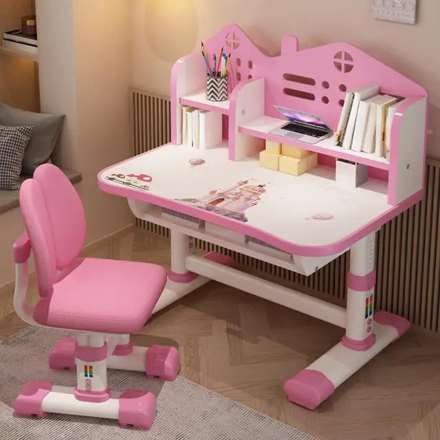 Alt view image 2 of 6 - Small Desk, Desk Chair Set, Widened Desktop Multi Separation Cartoon Pattern Kids Adjustable Height Study Table with Drawer Chair(Pink)