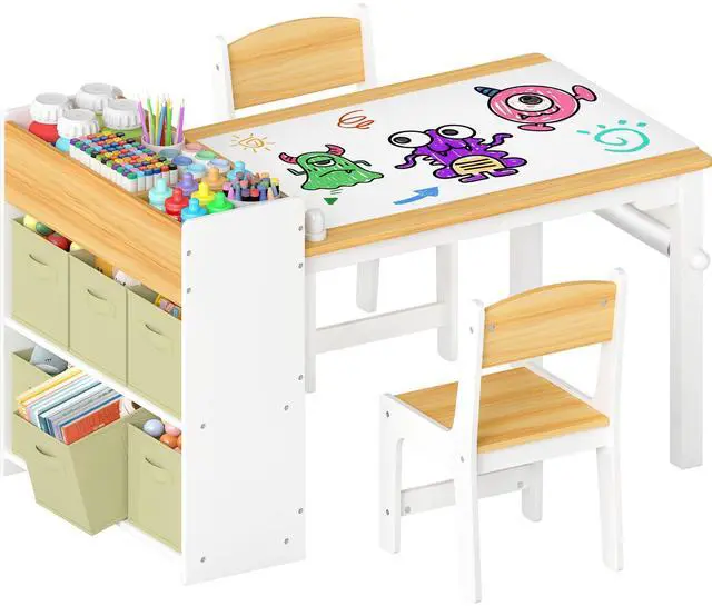 Main image of Kids Art Table and Chairs, Wooden Kids Craft Table and Chairs with Storage Bins and Paper Roll, Toddler Activity Play Desk for Drawing/Learning/Read, Toddler Table and Chair Set for Boy/Girl