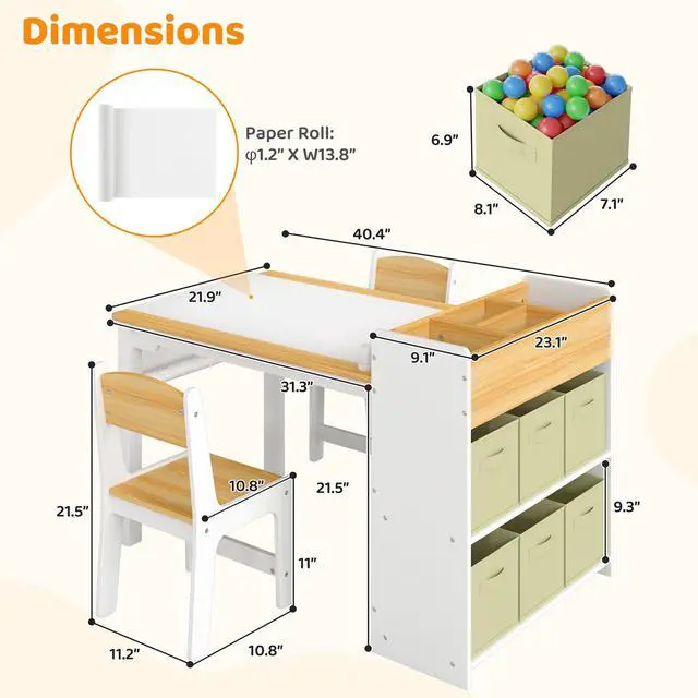 Alt view image 2 of 6 - Kids Art Table and Chairs, Wooden Kids Craft Table and Chairs with Storage Bins and Paper Roll, Toddler Activity Play Desk for Drawing/Learning/Read, Toddler Table and Chair Set for Boy/Girl