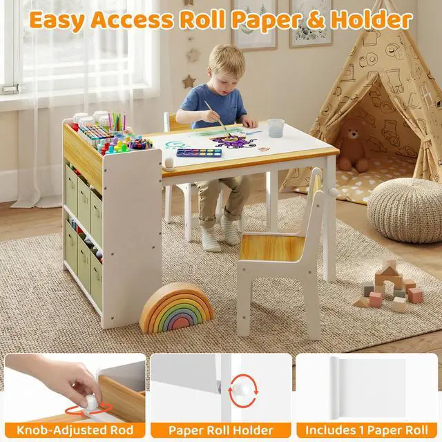 Alt view image 4 of 6 - Kids Art Table and Chairs, Wooden Kids Craft Table and Chairs with Storage Bins and Paper Roll, Toddler Activity Play Desk for Drawing/Learning/Read, Toddler Table and Chair Set for Boy/Girl